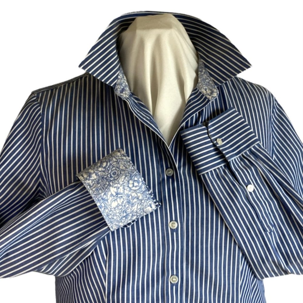 Talbots Blue Stripe Long Slv Fitted Shirt Sz6 Floral Flip Cuff Wrinkle Resistant